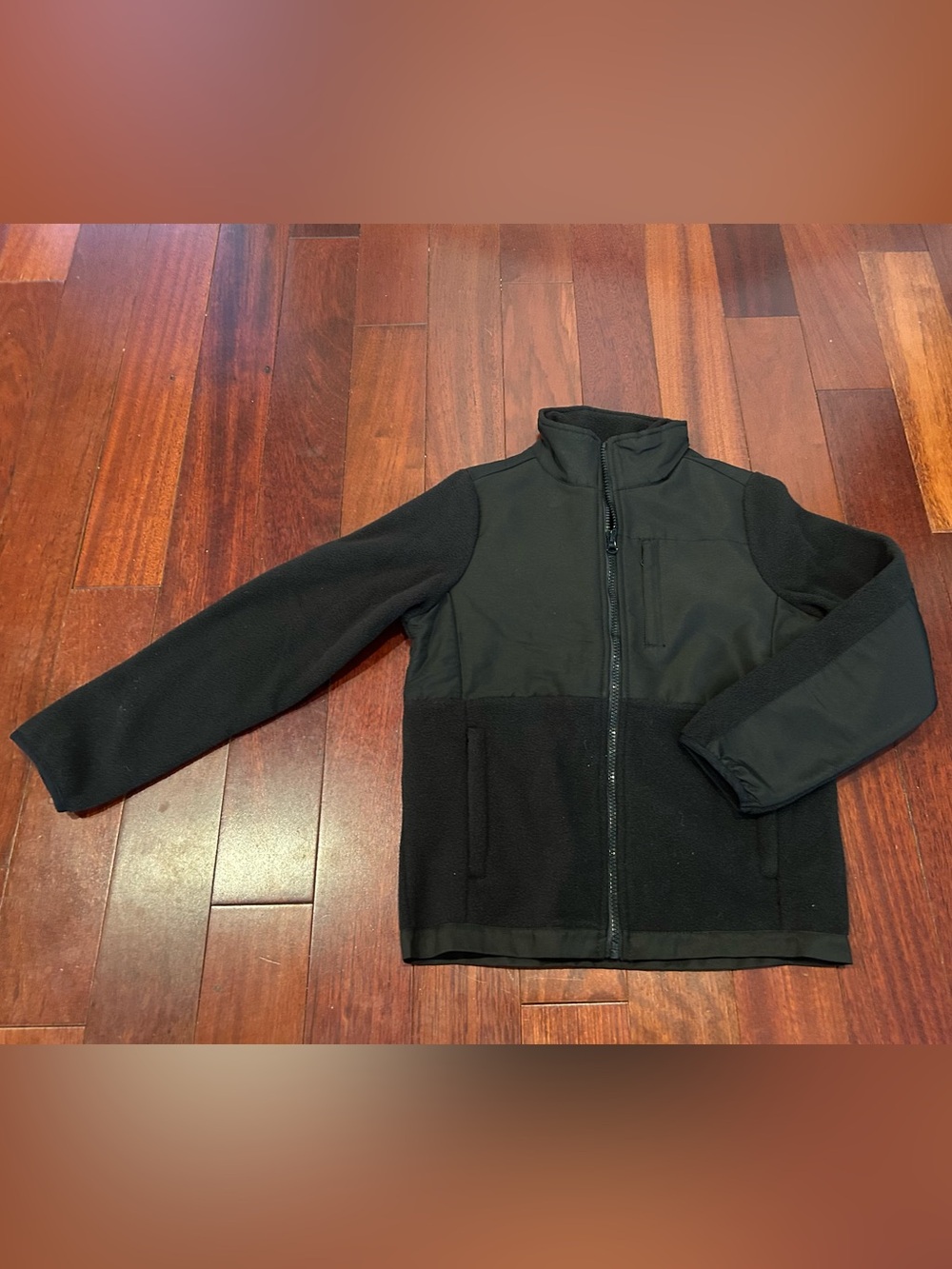 NWOT Boys Black Fleece Zip-Up Jacket Hybrid Full Zip Mixed Media with Pockets
